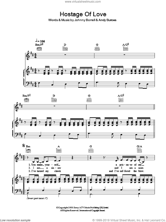 Hostage Of Love sheet music for voice, piano or guitar by Razorlight, Andy Burrows and Johnny Borrell, intermediate skill level