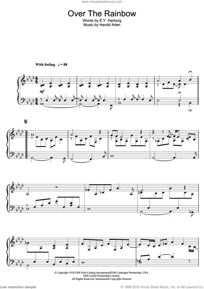 Over The Rainbow, (intermediate) sheet music for piano solo by Eva Cassidy, E.Y. Harburg and Harold Arlen, intermediate skill level