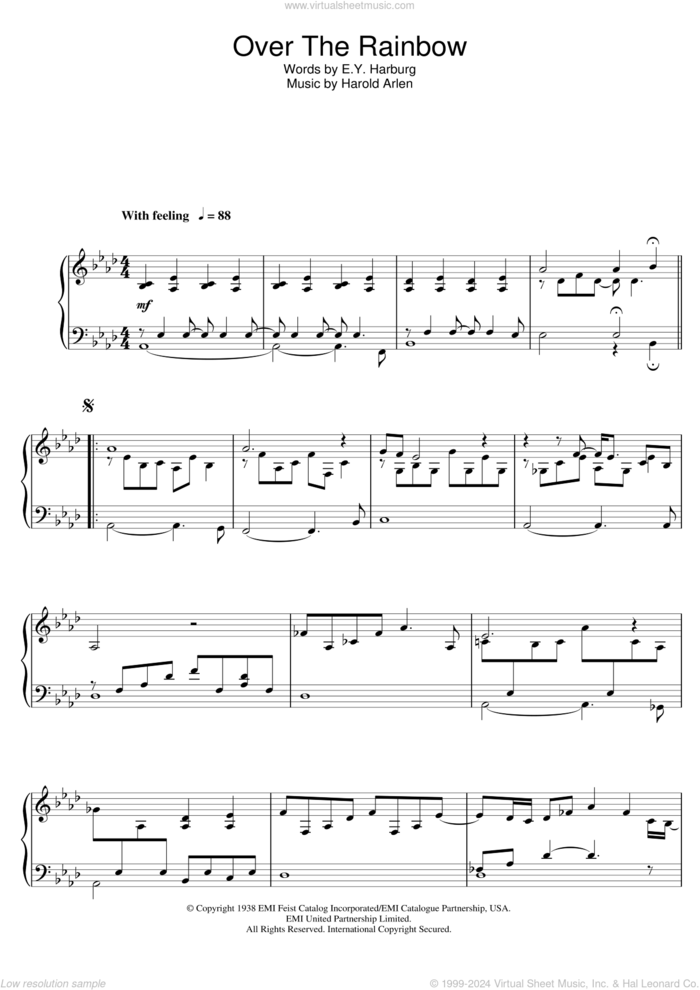 Over The Rainbow, (intermediate) sheet music for piano solo by Eva Cassidy, E.Y. Harburg and Harold Arlen, intermediate skill level