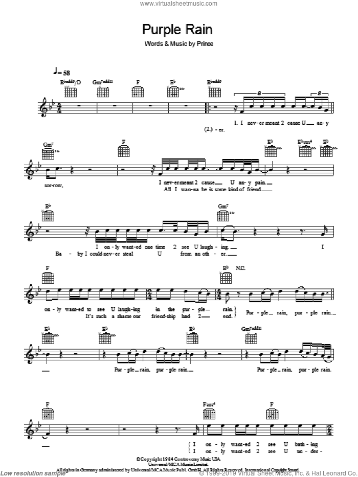 Purple Rain sheet music for voice and other instruments (fake book) by Prince and Prince & The Revolution, intermediate skill level