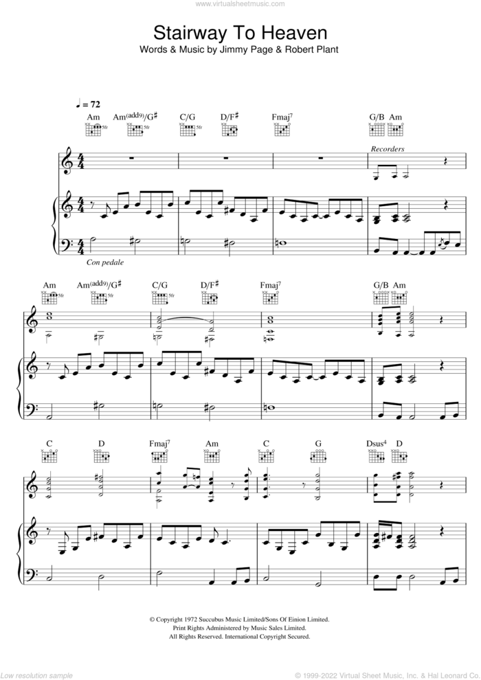 Stairway To Heaven sheet music for voice, piano or guitar by Led Zeppelin, Jimmy Page and Robert Plant, intermediate skill level