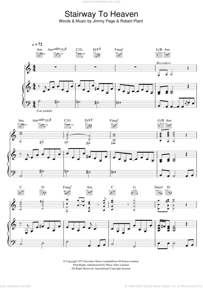 Stairway To Heaven sheet music for voice, piano or guitar by Led Zeppelin, Jimmy Page and Robert Plant, intermediate skill level