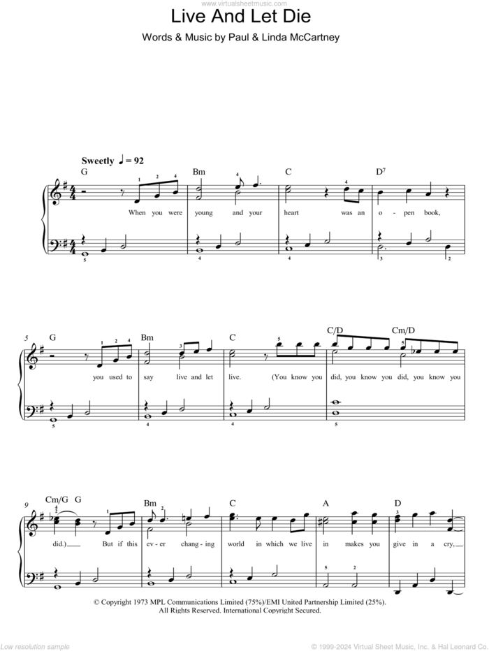 Live And Let Die, (easy) sheet music for piano solo by Paul McCartney, Paul McCartney and Wings and Linda McCartney, easy skill level