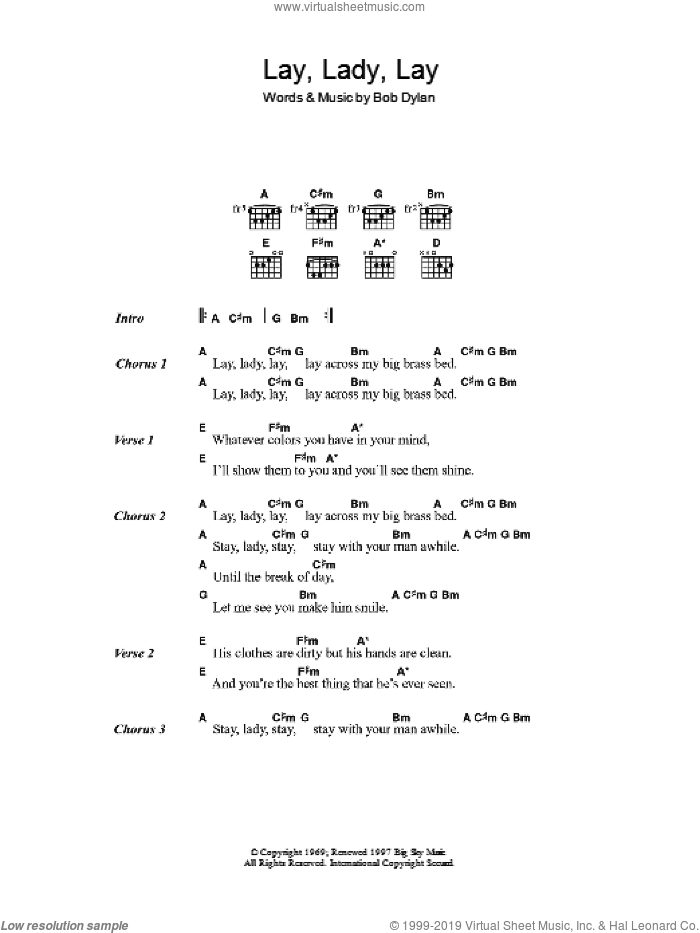 Lay Lady Lay sheet music for guitar (chords) by Bob Dylan, intermediate skill level