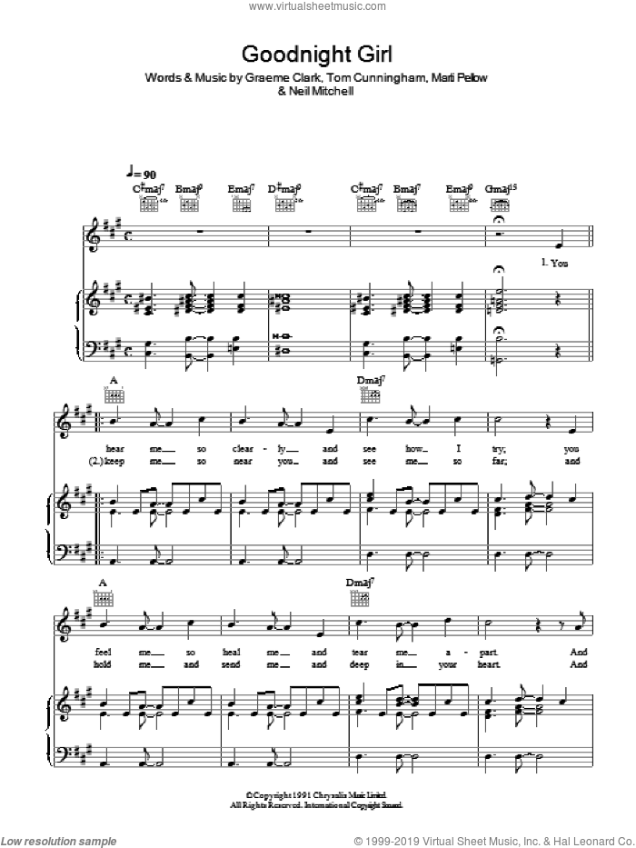 Goodnight Girl sheet music for voice, piano or guitar by Wet Wet Wet, Graeme Clark, Marti Pellow, Neil Mitchell and Tom Cunningham, intermediate skill level