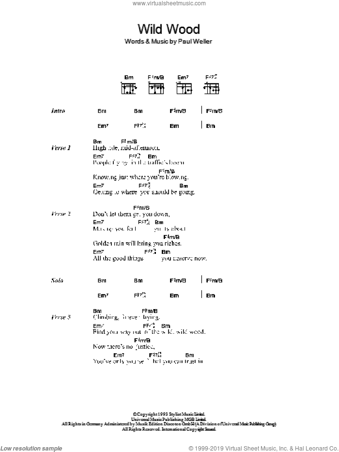 Wild Wood sheet music for guitar (chords) by Paul Weller, intermediate skill level
