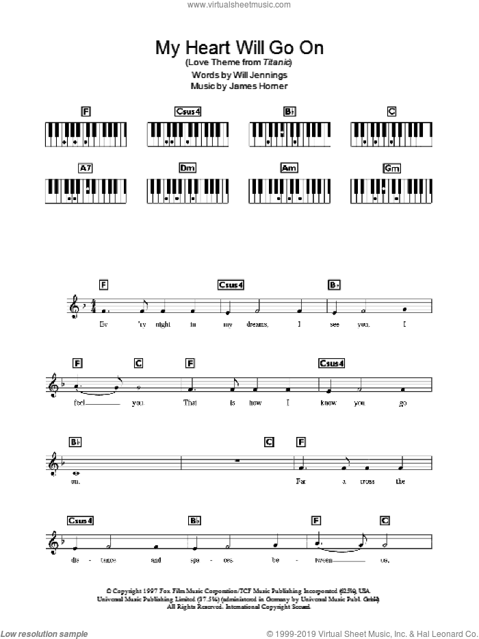 My Heart Will Go On (Love Theme from Titanic) sheet music for piano solo (chords, lyrics, melody) by Celine Dion, James Horner and Will Jennings, wedding score, intermediate piano (chords, lyrics, melody)