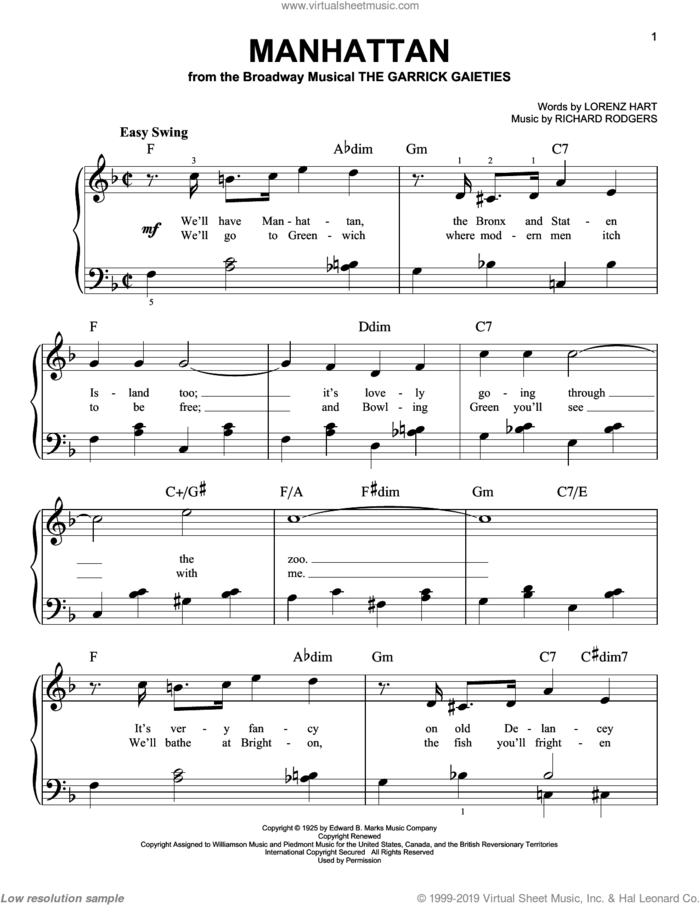 Manhattan sheet music for piano solo by Dinah Washington, Lee Wiley, Rodgers & Hart, Tony Bennett, Lorenz Hart and Richard Rodgers, easy skill level