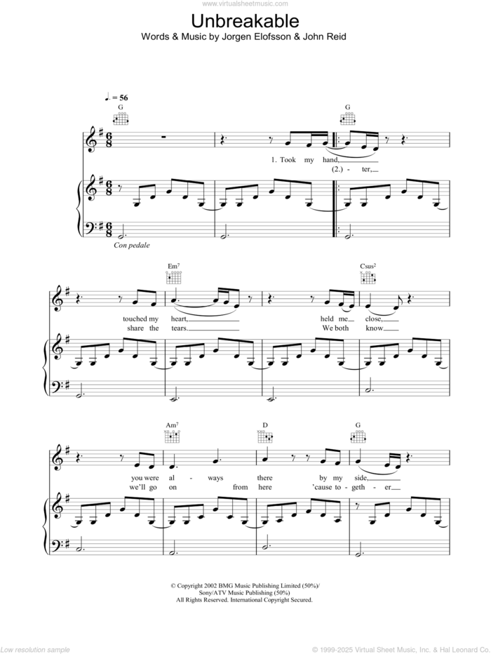 Unbreakable sheet music for voice, piano or guitar by Westlife, John Reid and Jorgen Elofsson, intermediate skill level