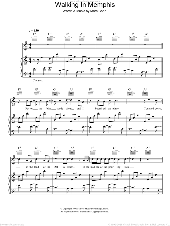 Walking In Memphis sheet music for voice, piano or guitar by Marc Cohn, intermediate skill level