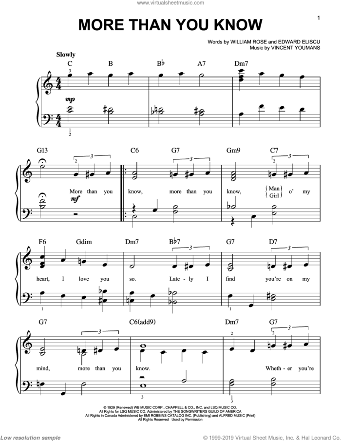 More Than You Know sheet music for piano solo by Helen Morgan, Edward Eliscu, Vincent Youmans and William Rose, easy skill level