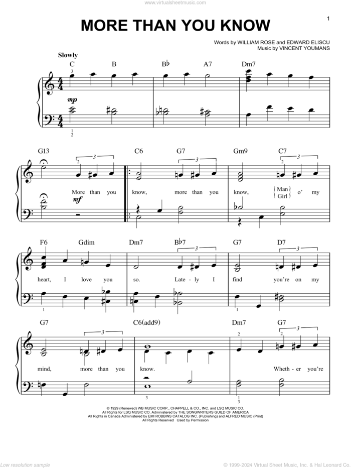 More Than You Know sheet music for piano solo by Helen Morgan, Edward Eliscu, Vincent Youmans and William Rose, easy skill level