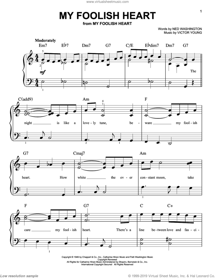 My Foolish Heart sheet music for piano solo by Engelbert Humperdinck, Bill Evans, Ned Washington and Victor Young, wedding score, easy skill level