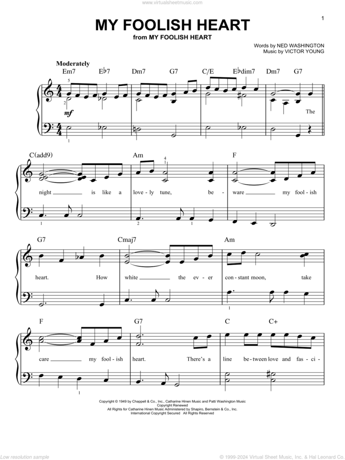 My Foolish Heart sheet music for piano solo by Engelbert Humperdinck, Bill Evans, Ned Washington and Victor Young, wedding score, easy skill level