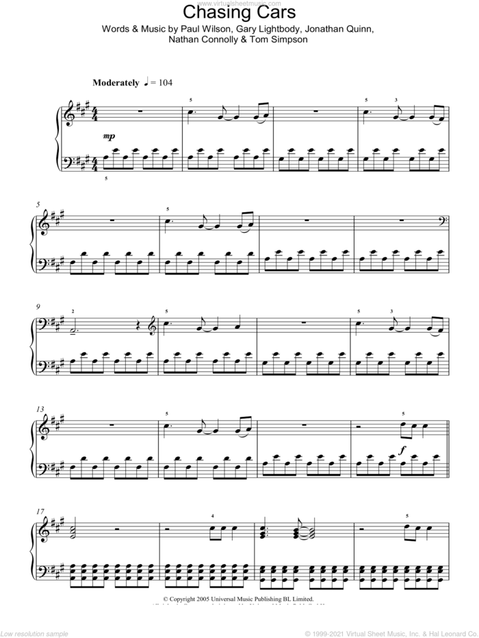 Chasing Cars, (intermediate) sheet music for piano solo by Snow Patrol, Gary Lightbody, Jonathan Quinn, Nathan Connolly, Paul Wilson and Tom Simpson, intermediate skill level
