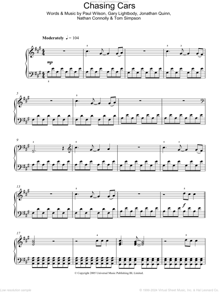 Chasing Cars, (intermediate) sheet music for piano solo by Snow Patrol, Gary Lightbody, Jonathan Quinn, Nathan Connolly, Paul Wilson and Tom Simpson, intermediate skill level