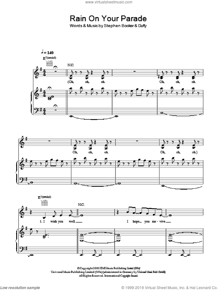Rain On Your Parade sheet music for voice, piano or guitar by Duffy and Steve Booker, intermediate skill level