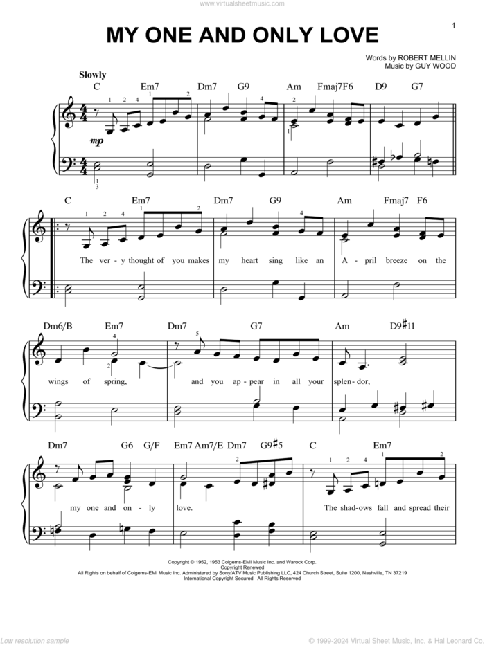 My One And Only Love, (easy) sheet music for piano solo by Louis Armstrong, Dean Martin, Frank Sinatra, John Coltrane, Sonny Rollins, Guy Wood and Robert Mellin, wedding score, easy skill level