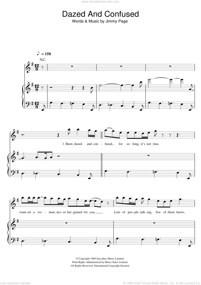 Dazed And Confused sheet music for voice, piano or guitar by Led Zeppelin and Jimmy Page, intermediate skill level