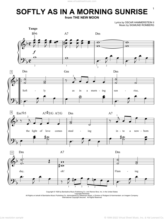Softly As In A Morning Sunrise sheet music for piano solo by Sigmund Romberg and Oscar II Hammerstein, beginner skill level