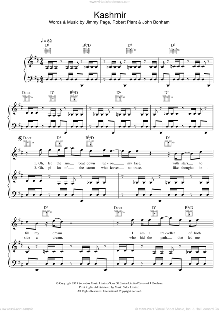 Kashmir sheet music for voice, piano or guitar by Led Zeppelin, Jimmy Page, John Bonham and Robert Plant, intermediate skill level