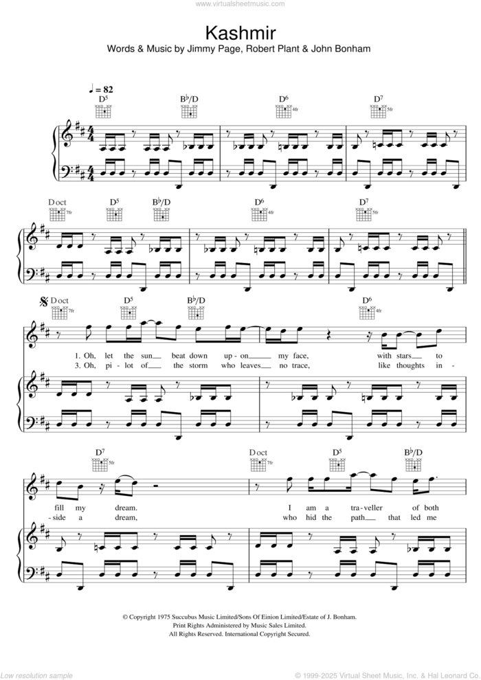 Kashmir sheet music for voice, piano or guitar by Led Zeppelin, Jimmy Page, John Bonham and Robert Plant, intermediate skill level