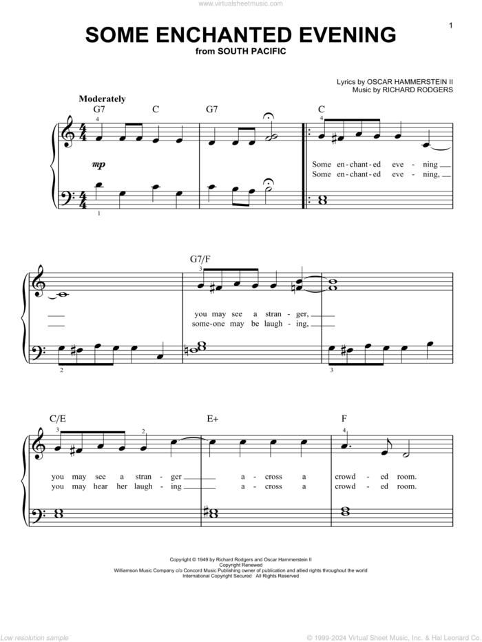 Some Enchanted Evening, (easy) sheet music for piano solo by Rodgers & Hammerstein, South Pacific (Musical), Oscar II Hammerstein and Richard Rodgers, easy skill level