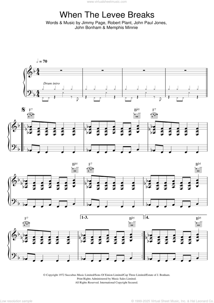 When The Levee Breaks sheet music for voice, piano or guitar by Led Zeppelin, Jimmy Page, John Bonham, John Paul Jones, Memphis Minnie and Robert Plant, intermediate skill level