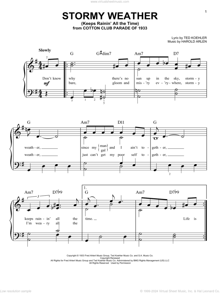 Stormy Weather (Keeps Rainin' All The Time) sheet music for piano solo by Lena Horne, Harold Arlen and Ted Koehler, easy skill level