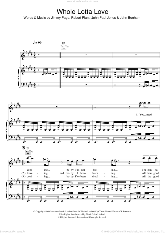 Whole Lotta Love sheet music for voice, piano or guitar by Led Zeppelin, Jimmy Page, John Bonham, John Paul Jones and Robert Plant, intermediate skill level