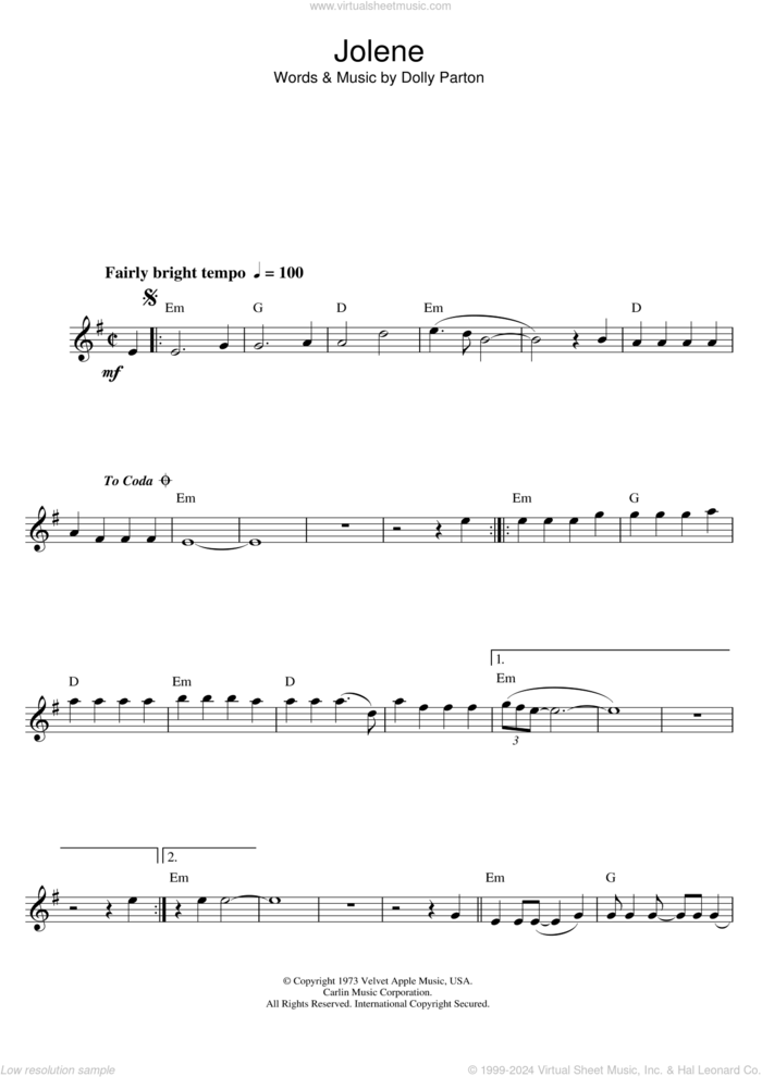 Jolene sheet music for alto saxophone solo by Dolly Parton, intermediate skill level