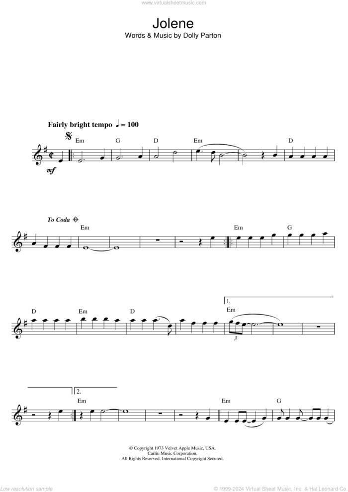 Jolene sheet music for alto saxophone solo by Dolly Parton, intermediate skill level