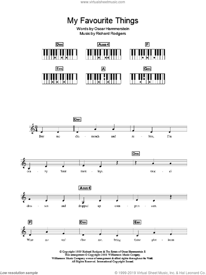 My Favorite Things sheet music for piano solo (chords, lyrics, melody) by Rodgers & Hammerstein, Big Brovaz, Oscar II Hammerstein and Richard Rodgers, intermediate piano (chords, lyrics, melody)