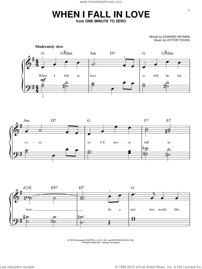 When I Fall In Love (from One Minute To Zero) sheet music for piano solo by Doris Day, Edward Heyman and Victor Young, beginner skill level