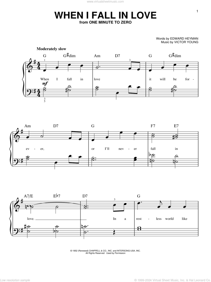 When I Fall In Love (from One Minute To Zero) sheet music for piano solo by Doris Day, Edward Heyman and Victor Young, beginner skill level