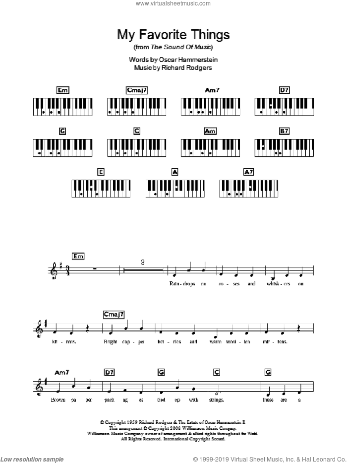 My Favorite Things sheet music for piano solo (chords, lyrics, melody) by Rodgers & Hammerstein, Oscar II Hammerstein and Richard Rodgers, intermediate piano (chords, lyrics, melody)
