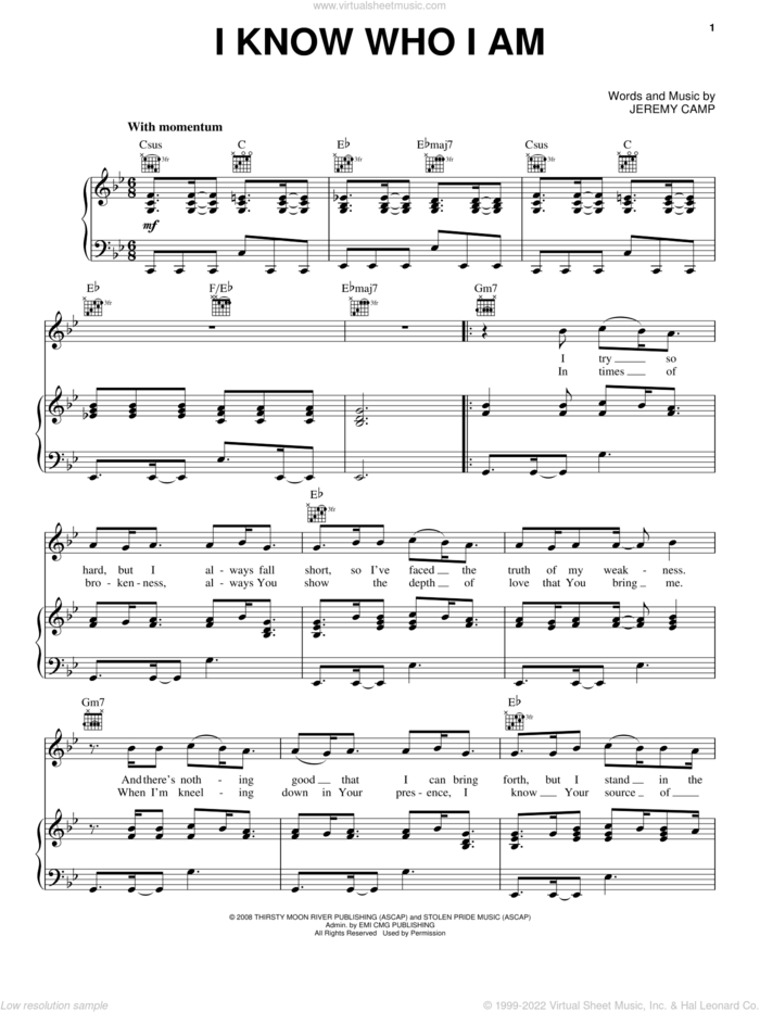 I Know Who I Am sheet music for voice, piano or guitar by Jeremy Camp, intermediate skill level