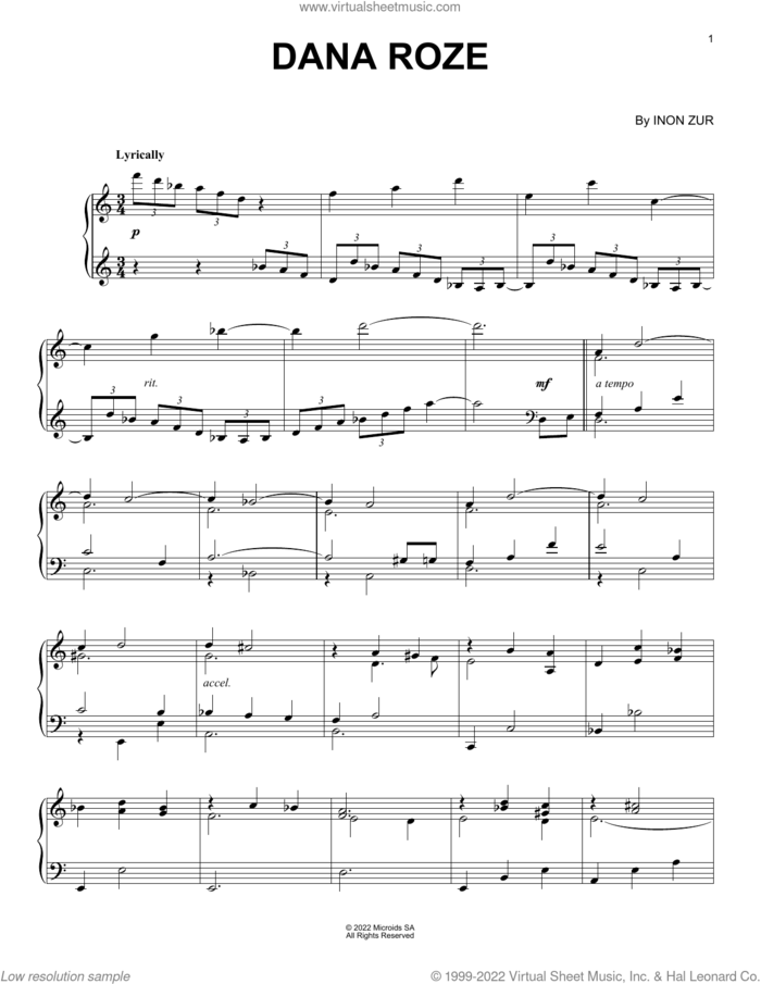 Dana Roze (from Syberia: The World Before) sheet music for piano solo by Inon Zur, intermediate skill level