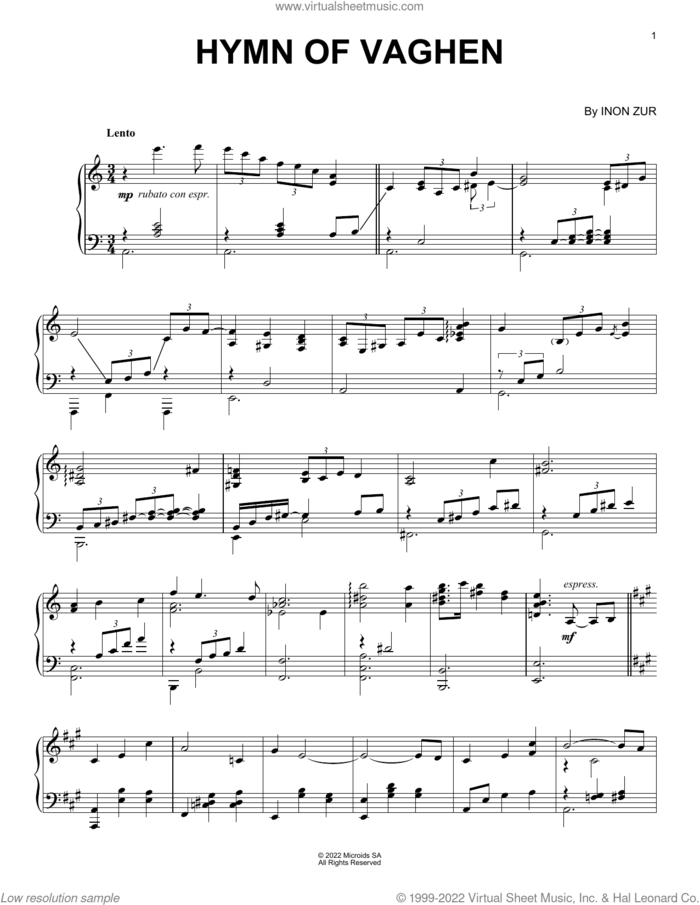 Hymn Of Vaghen (from Syberia: The World Before) sheet music for piano solo by Inon Zur, intermediate skill level