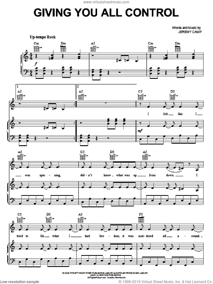 Giving You All Control sheet music for voice, piano or guitar by Jeremy Camp, intermediate skill level