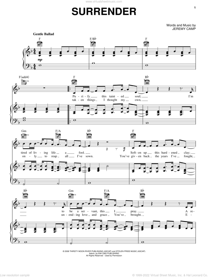 Surrender sheet music for voice, piano or guitar by Jeremy Camp, intermediate skill level