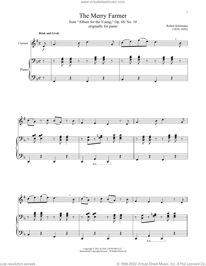 The Happy Farmer sheet music for clarinet and piano by Robert Schumann, classical score, intermediate skill level
