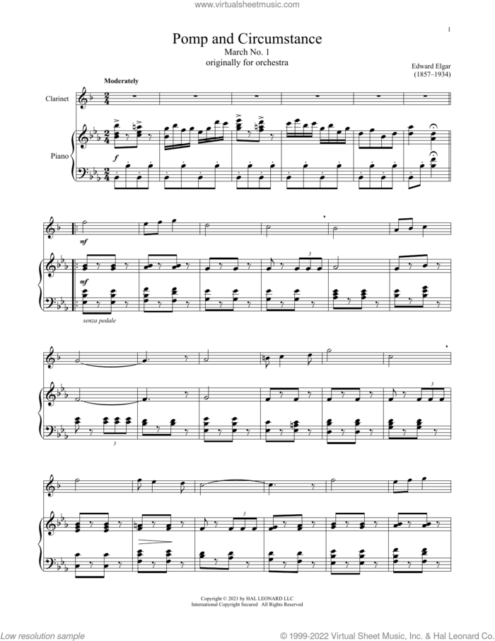 Pomp And Circumstance, March No. 1, Op. 39 sheet music for clarinet and piano by Edward Elgar, classical score, intermediate skill level