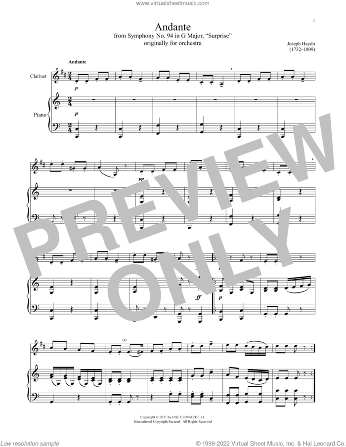 The Surprise Symphony sheet music for clarinet and piano by Franz Joseph Haydn, classical score, intermediate skill level