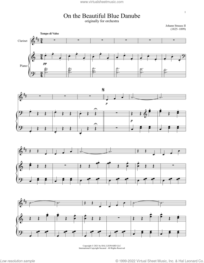 The Beautiful Blue Danube, Op. 314 sheet music for clarinet and piano by Johann Strauss, Jr., classical score, intermediate skill level
