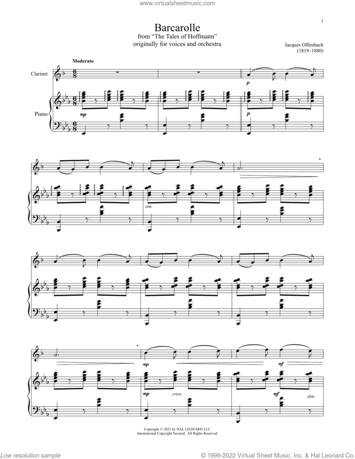Barcarolle sheet music for clarinet and piano by Jacques Offenbach, classical score, intermediate skill level