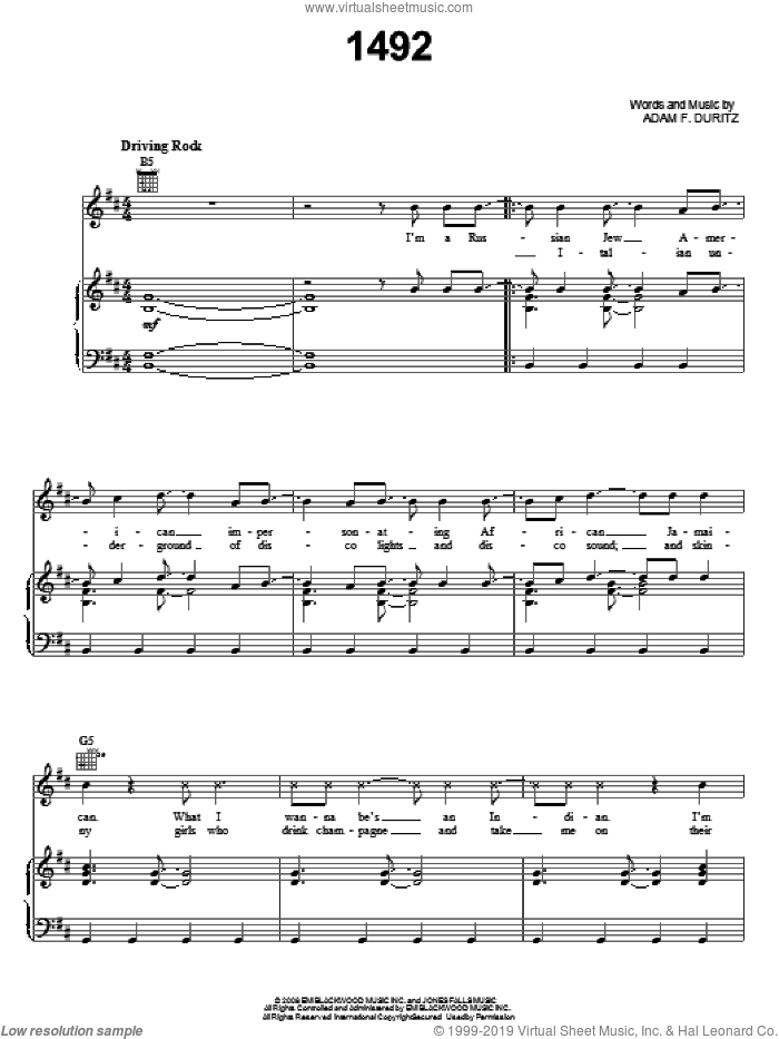1492 sheet music for voice, piano or guitar by Counting Crows and Adam Duritz, intermediate skill level
