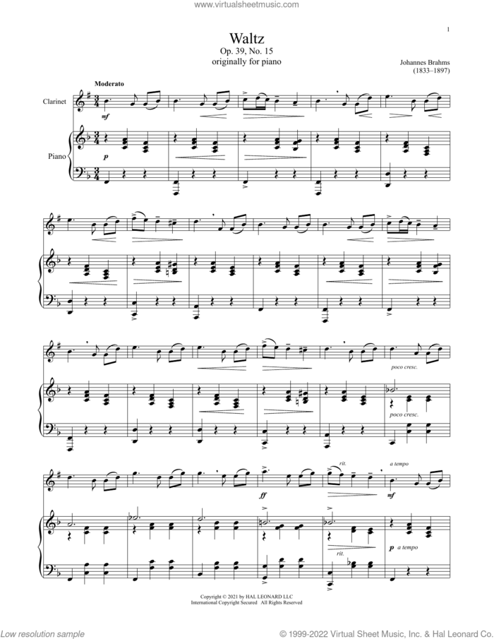 Waltz In A Major, Op. 39, No. 15 sheet music for clarinet and piano by Johannes Brahms, classical score, intermediate skill level
