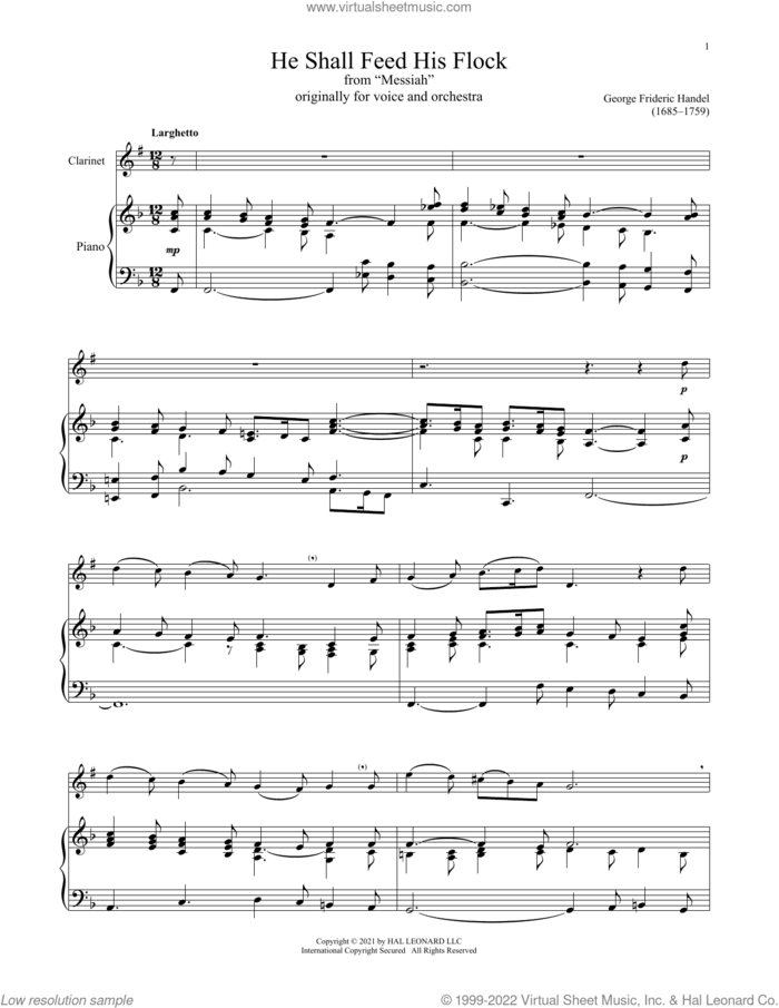 He Shall Feed His Flock sheet music for clarinet and piano by George Frideric Handel and Book of Isaiah, 40:11, classical score, intermediate skill level