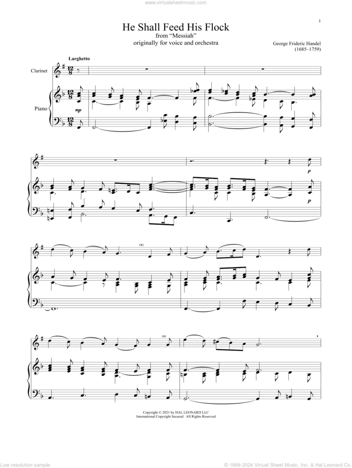 He Shall Feed His Flock sheet music for clarinet and piano by George Frideric Handel and Book of Isaiah, 40:11, classical score, intermediate skill level